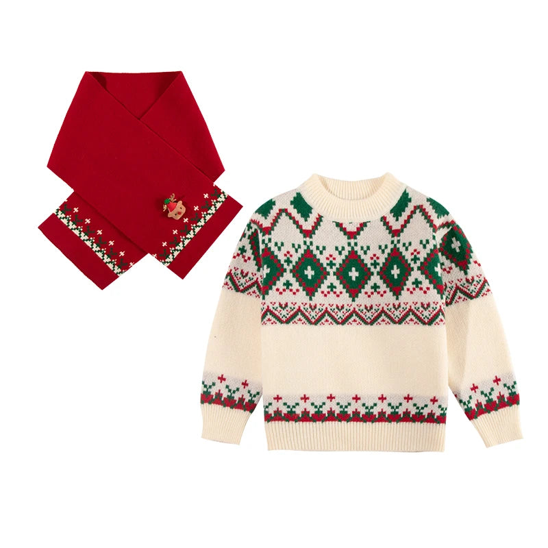 Christmas Girls Sweater with Scarf Kids Knitwear Outfit