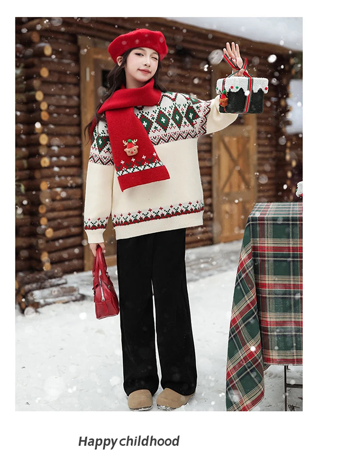 Christmas Girls Sweater with Scarf Kids Knitwear Outfit