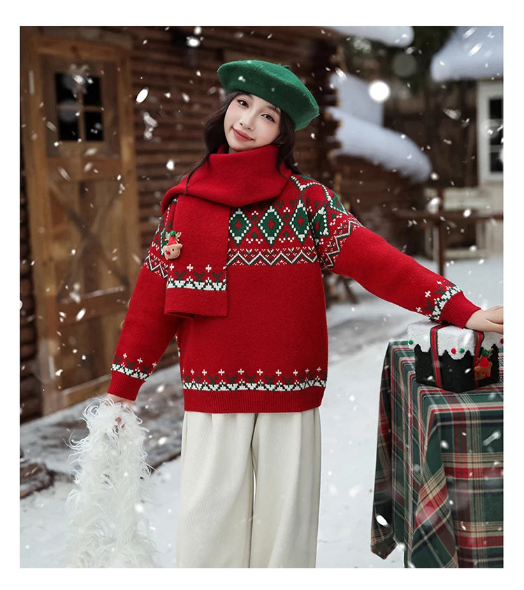 Christmas Kids Sweater with Scarf Winter Knitwear