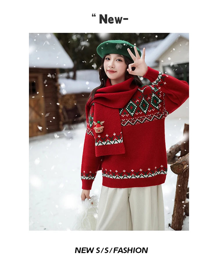 Christmas Girls Sweater with Scarf Kids Knitwear Outfit