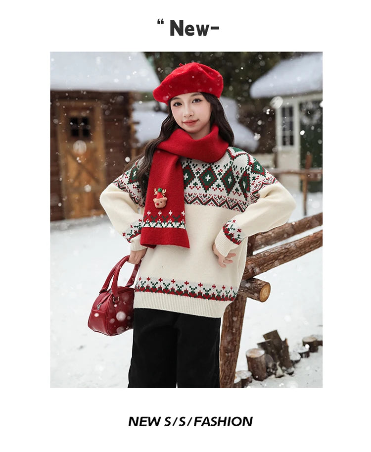 Christmas Kids Sweater with Scarf Winter Knitwear