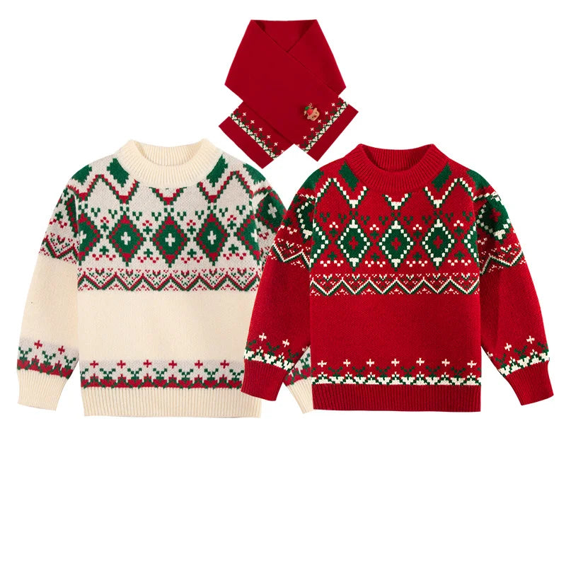 Christmas Girls Sweater with Scarf Kids Knitwear Outfit