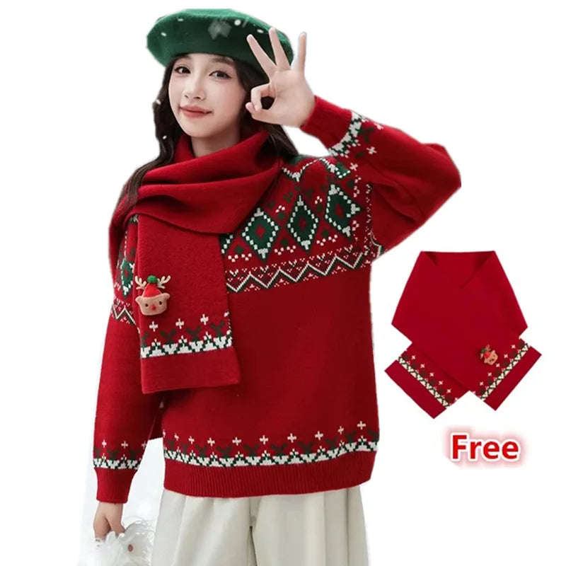 Christmas Kids Sweater with Scarf Winter Knitwear