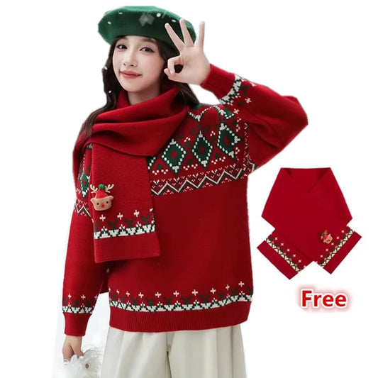 Christmas Kids Sweater with Scarf Winter Knitwear