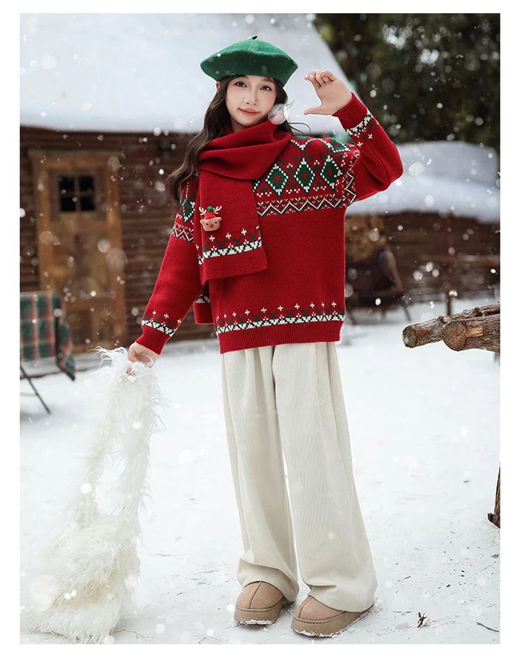 Christmas Girls Sweater with Scarf Kids Knitwear Outfit