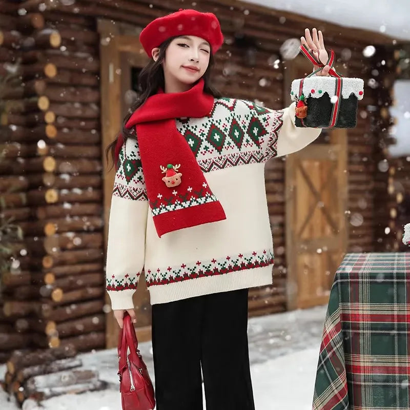 Christmas Kids Sweater with Scarf Winter Knitwear