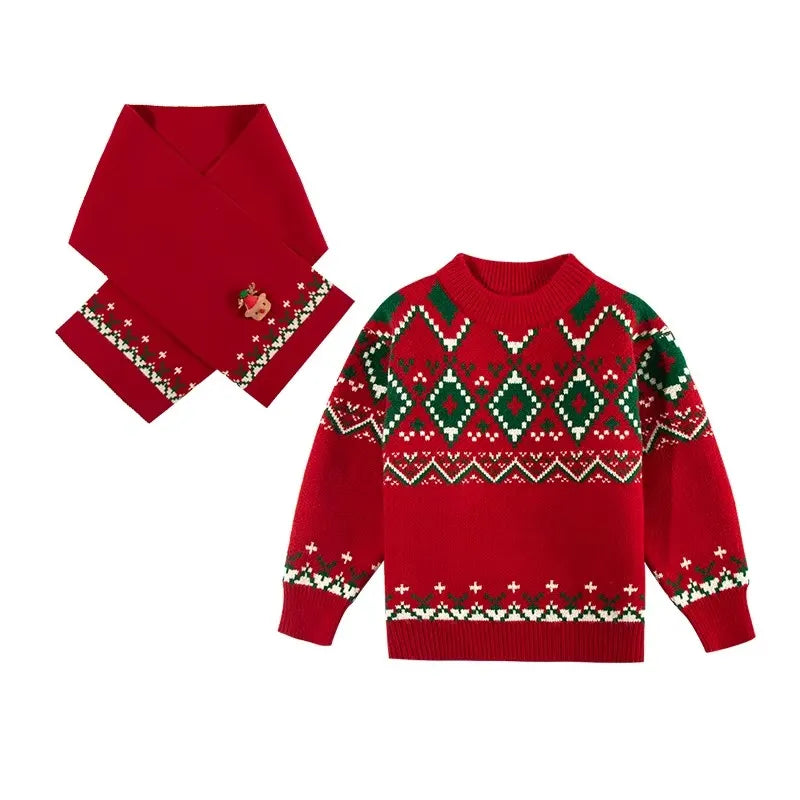 Christmas Kids Sweater with Scarf Winter Knitwear