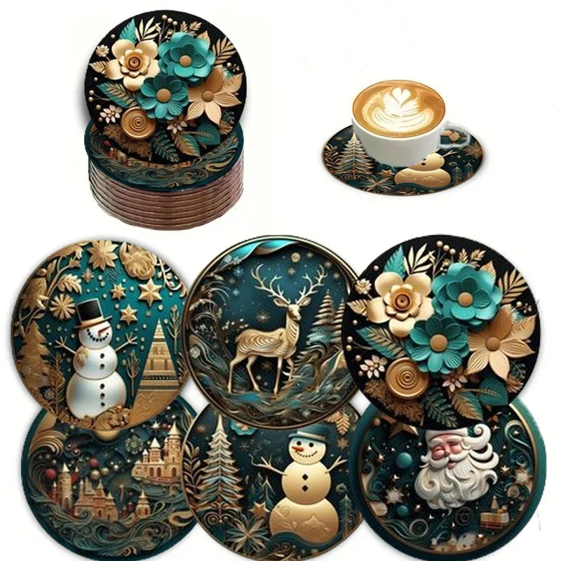 Christmas Wooden Coasters Set 6 pcs Holiday Decor
