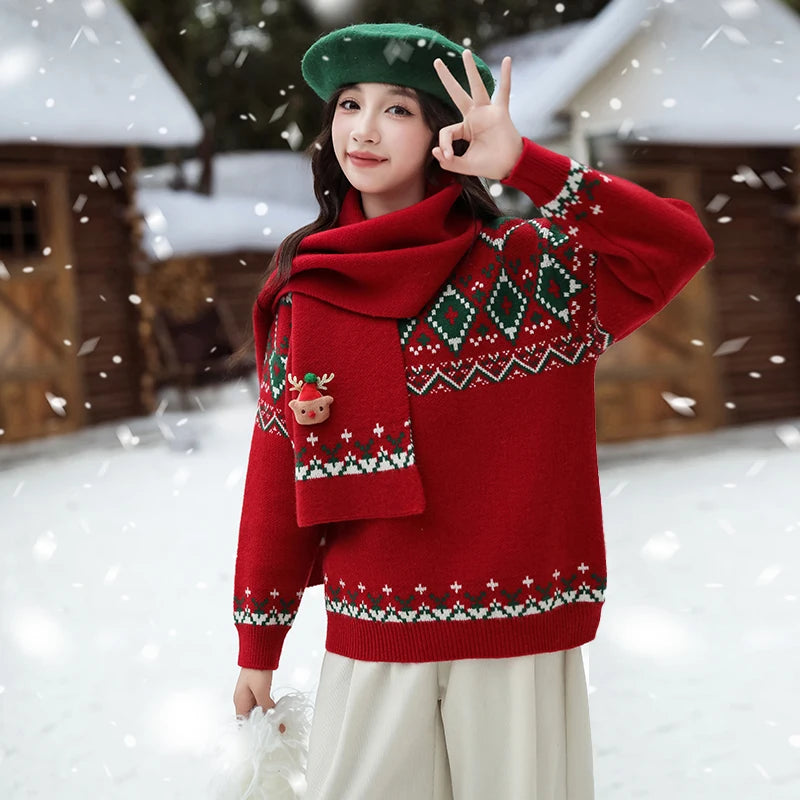 Christmas Girls Sweater with Scarf Kids Knitwear Outfit