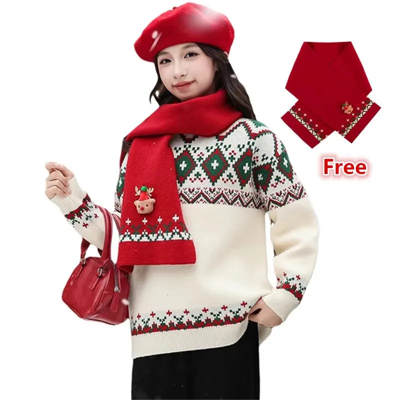 Christmas Kids Sweater with Scarf Winter Knitwear